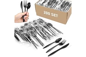 Black Plastic Cutlery Set,800 Pcs Disposable Plastic Utensils,Include Forks, Spoons,Knives and Napkins,Bulk Plastic Silverwar