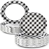 EggSun Race Car Gingham Oval Paper Plates 10’’x 12’’, Large Disposable Heavy Duty Black and White Gingham Plaid Paper Plates for Birthday Wedding Baby Shower Tea Party Supplies, 50 Guest