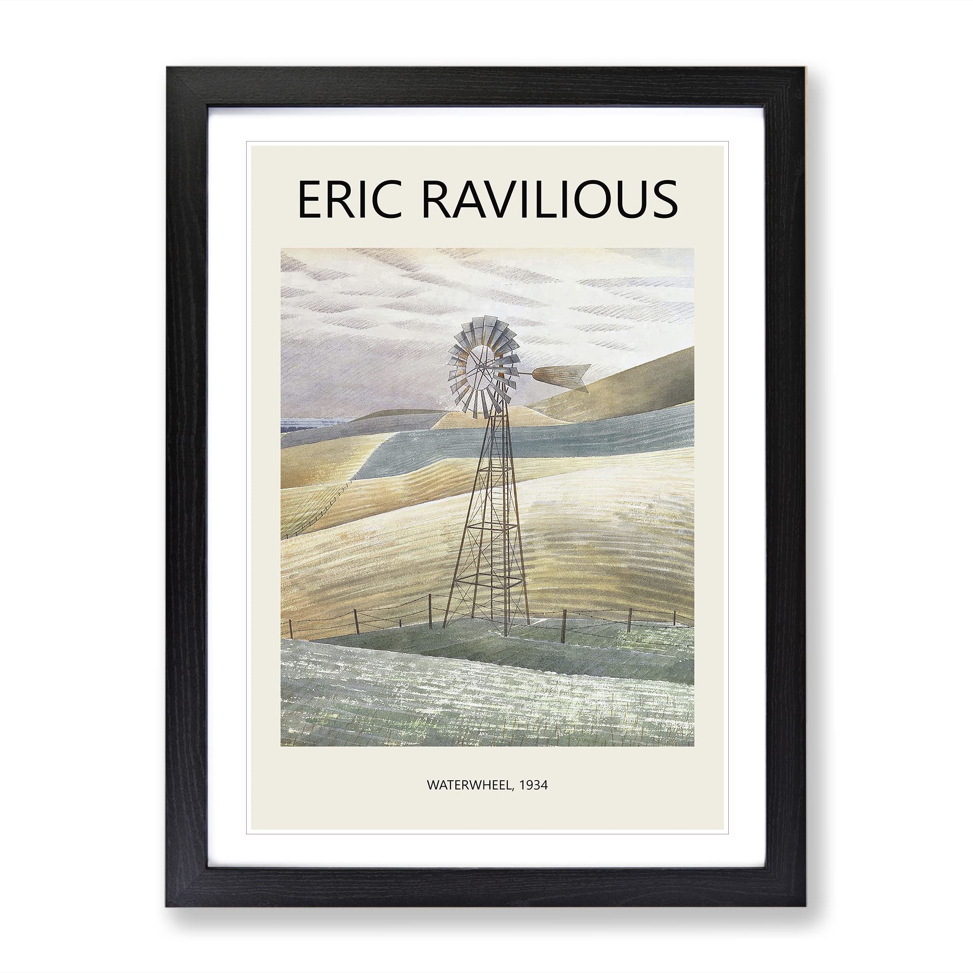Furlongs Waterwheel By Eric Ravilious Exhibition Museum Painting Framed Wall Art Print, Ready to Hang Picture for Living Room Bedroom Home Office Décor, Black A4 (34 x 25 cm)