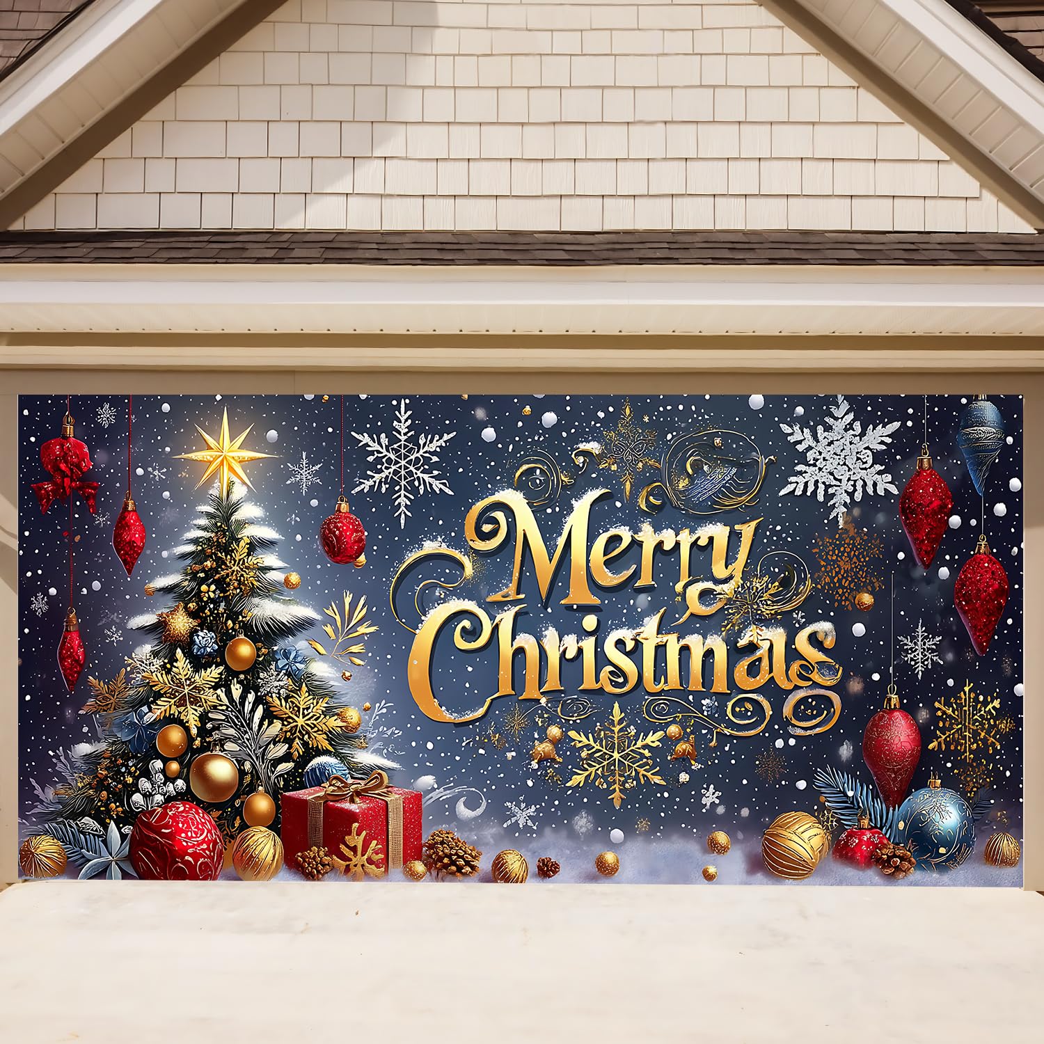 Photo 1 of 13x6 ft Luxury Garage Door Banner - Gold Text with Decorative Trees and Snow Scene, Indoor and Outdoor Party Background Decoration