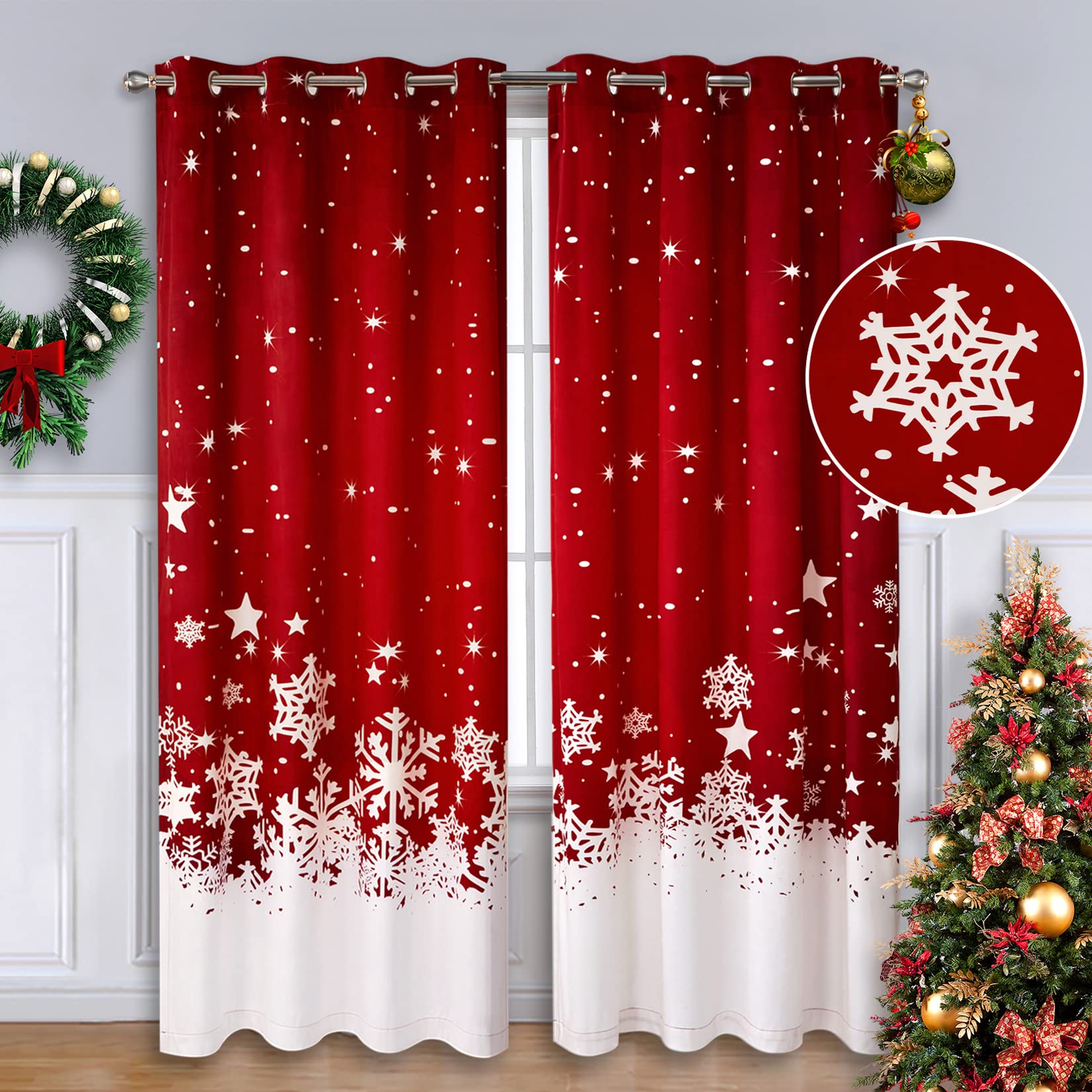 Photo 1 of CAROMIO Christmas Curtains for Living Room 4 Panels, Velvet Red Window Curtains 84 Inches Long for Bedroom Dining, Floral Snowflake Decoration Curtain, Thermal Insulated Room Darkening, 52 x 84 Inches