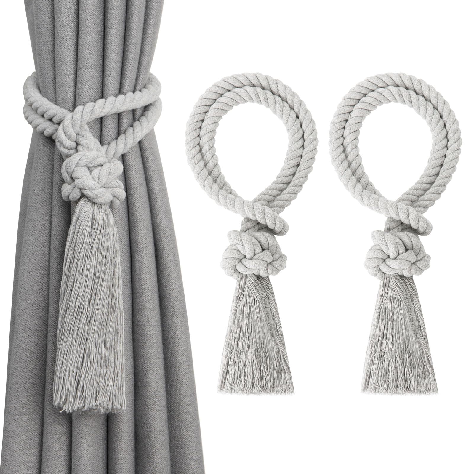 Pretty Jolly 2 Pack Natural Cotton Rope Tassel Curtain Tiebacks Boho Home Decor Drape Tie Backs Hand Woven Ball Curtain Holdbacks for Thin & Thick Home & Office Window Draperies (Light Grey)