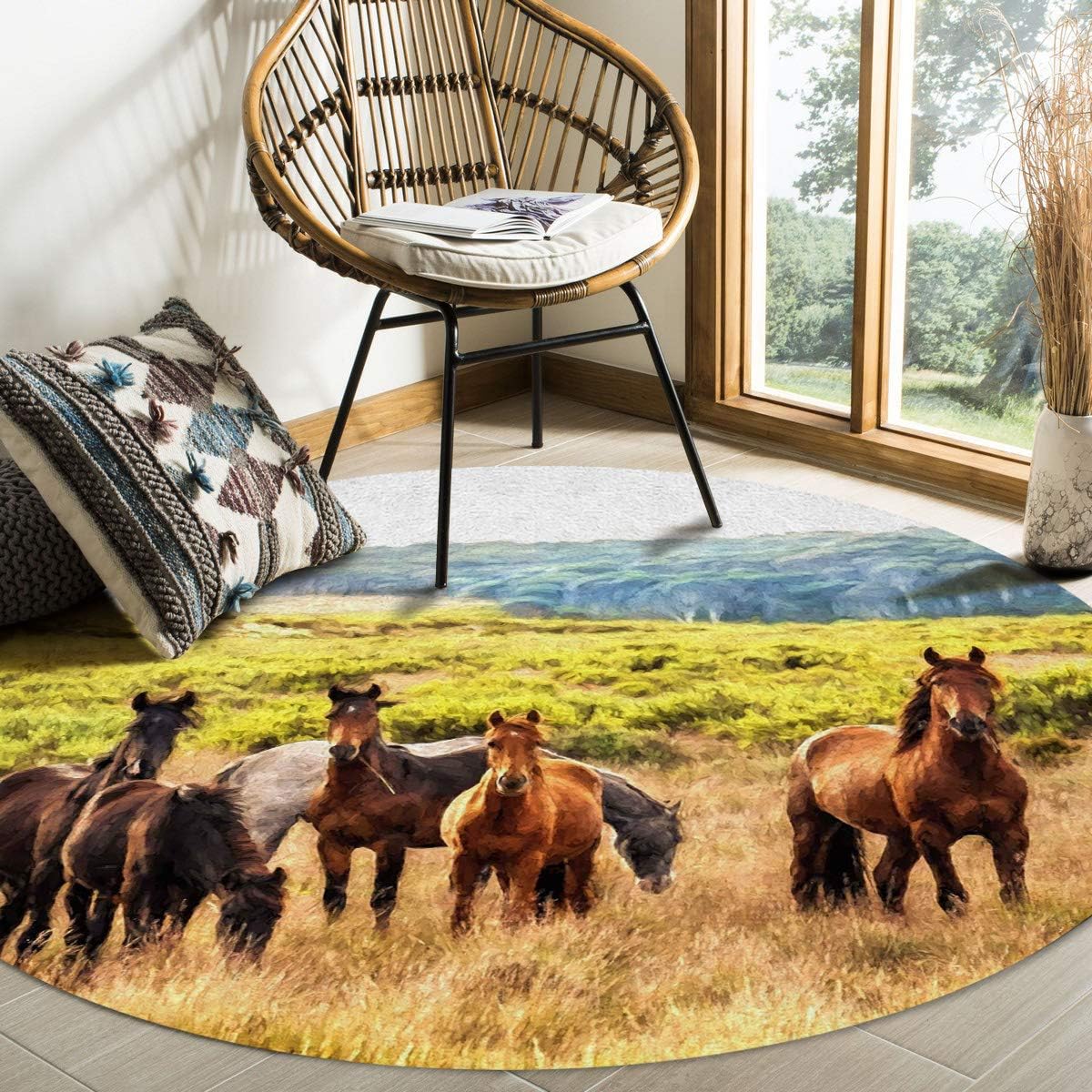 MUSEDAY Area Rug Round, Animal Horse Running On The