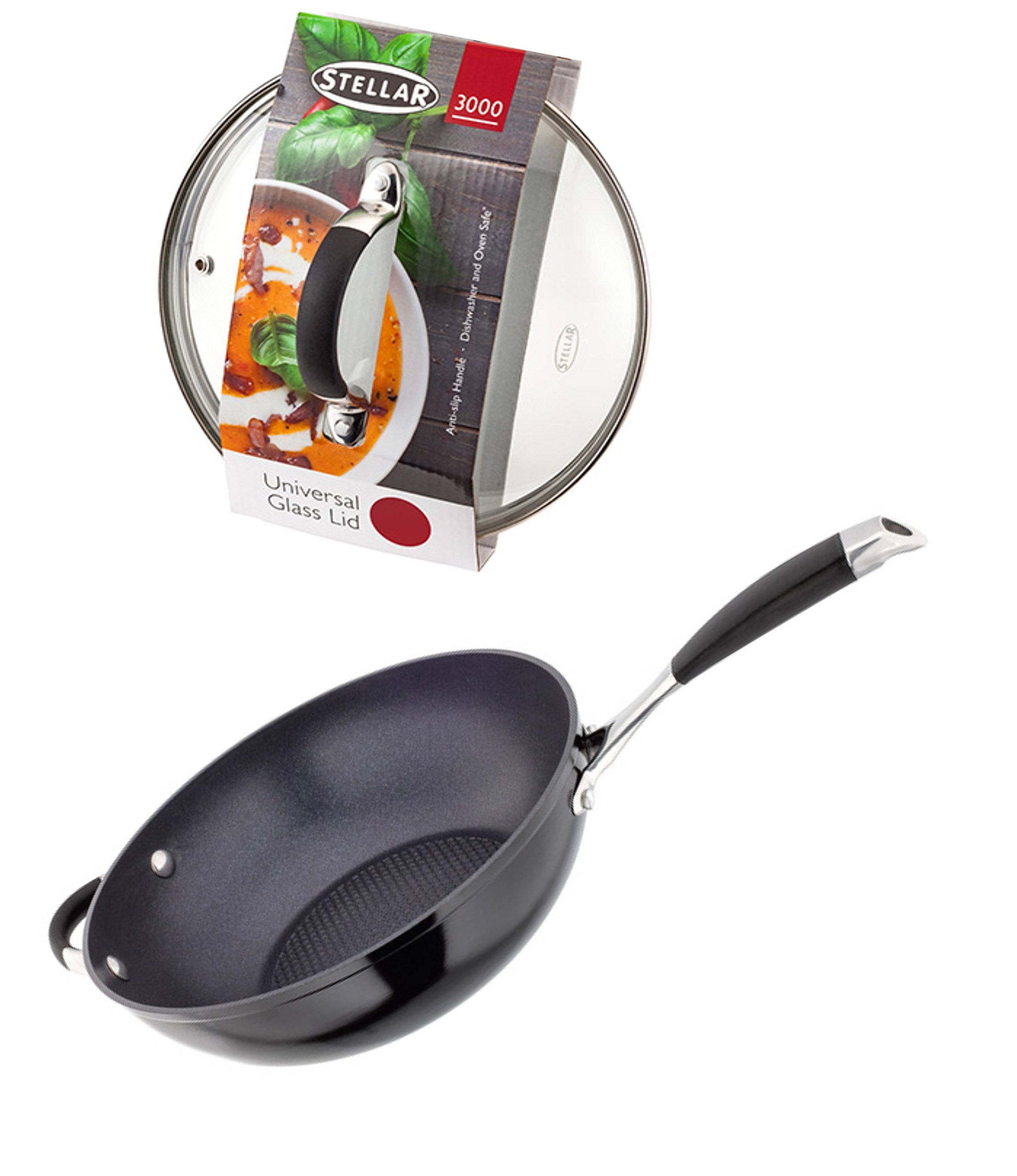 Stellar 3000 28cm Non Stick Stir Fry Pan - Wok with Glass Lid (Black)