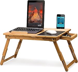 MORVAT Lap Desk Bed Desk for Laptop with Built in Mouse Pad Adjustable Laptop Stand for Bed, Writing Desk, Lap Desk, Laptop Desk, Tray Table Tilting Shelf with Magnetic Drawer 100% Natural Bamboo Wood