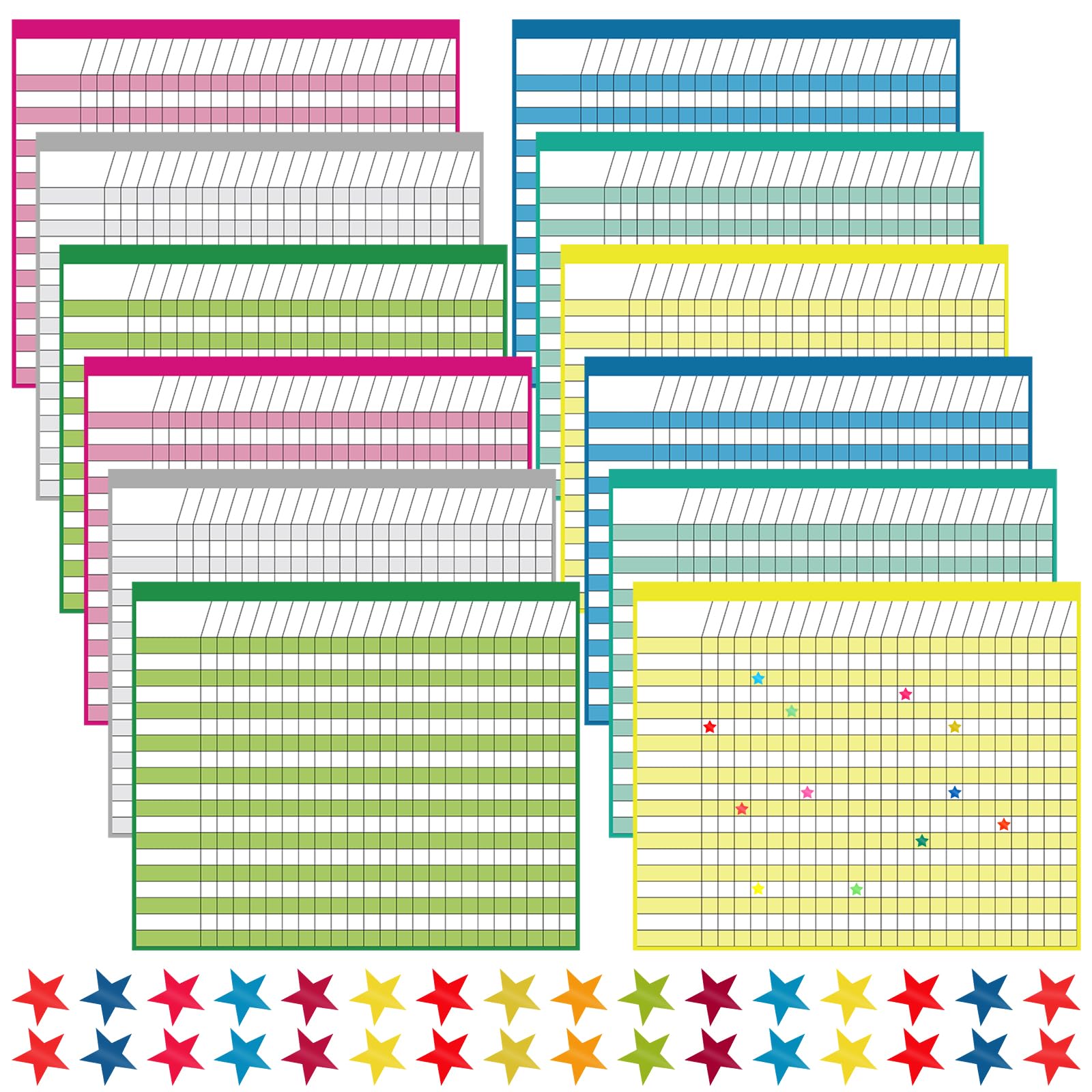 Photo 1 of Gilprop 12 Pieces Classroom Charts Laminated Dry Erase Incentive Chart with 1080 Reward Star Stickers for Chore Responsibility, School Attendance, Homework Progress Tracking Chart, 6 Assorted Color