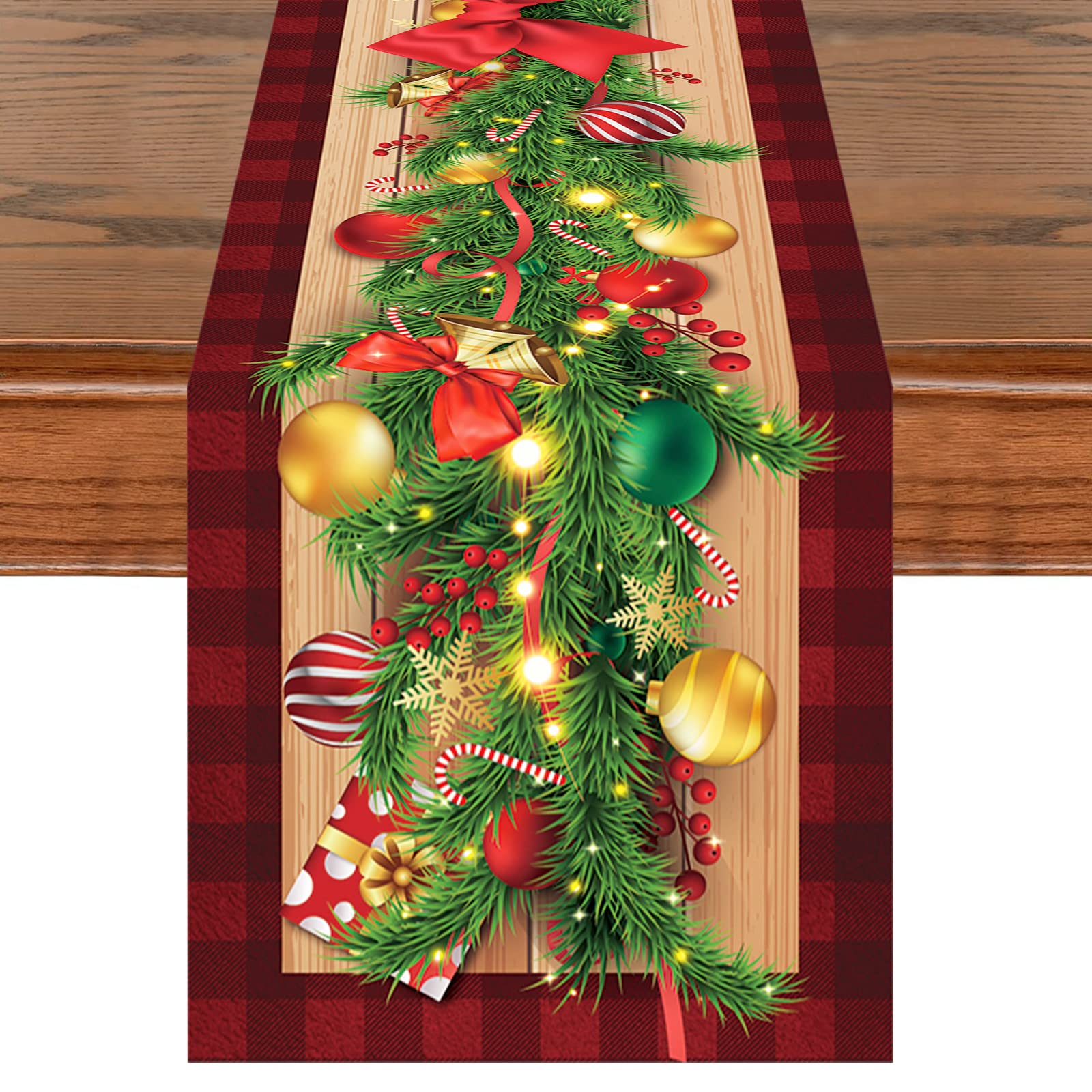 Christmas Table Runner, 13 x 72 Inch Xmas Red Berries & Red Black Buffalo Check Plaid Table Runner, 3D Realistic Winter Holiday Kitchen Wooden Table Line Decoration Indoor Outdoor Home Party Decor