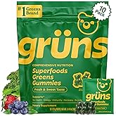 Gruns Adults Super Greens Gummies, Multivitamin Superfood Gummy Bears, Spirulina, Chlorella, Prebiotics & Fiber Gummies for Digestive Health, Adaptogens Supplement, 20 Vitamins & Minerals, 10 Count