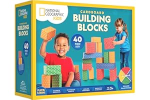 BLUE MARBLE NATIONAL GEOGRAPHIC Kids Jumbo Cardboard Building Blocks – 40 Heavy-Duty Bricks in 3 Sizes, Build & Learn with Game Spinner & Activity Cards for Kids 3+, Indoor Play Construction Toy for STEM Learning