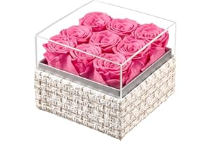 Eterfield Forever Flowers Preserved Flowers for Delivery Prime Real Roses That Last Over a Year Gifts for Her Mothers Day Valentines Day (Square Gold White Plaid Box, 9 Pink Roses)