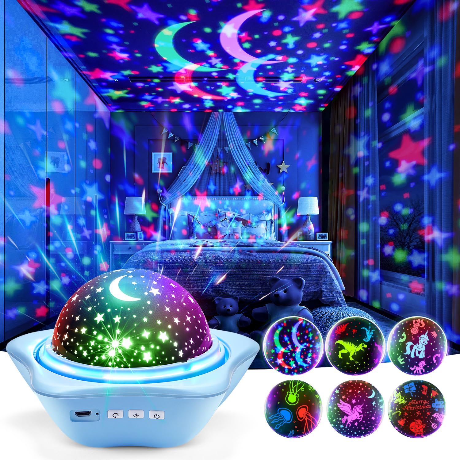 One Fire Sensory Toys for Autism, [6 Films + 90 Effects] Star Projector Night Light, [3 Brightness + 360° Rotate] Night Light Kids, Baby Sensory Toys for Babies, Galaxy Projector, Kids Gifts