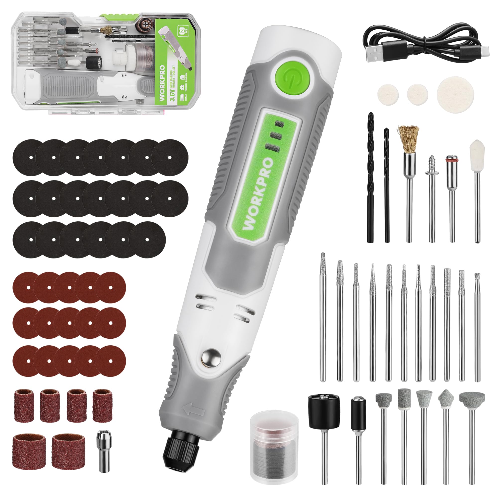 WORKPRO Mini Cordless Rotary Tool 3.6 V, Electric Rotary Tool with 70 PCS Accessories, 3 Variable Speeds 12000-17000 RPM Mini Grinder for Engraving, Sanding, and Polishing, for Light DIY Crafts