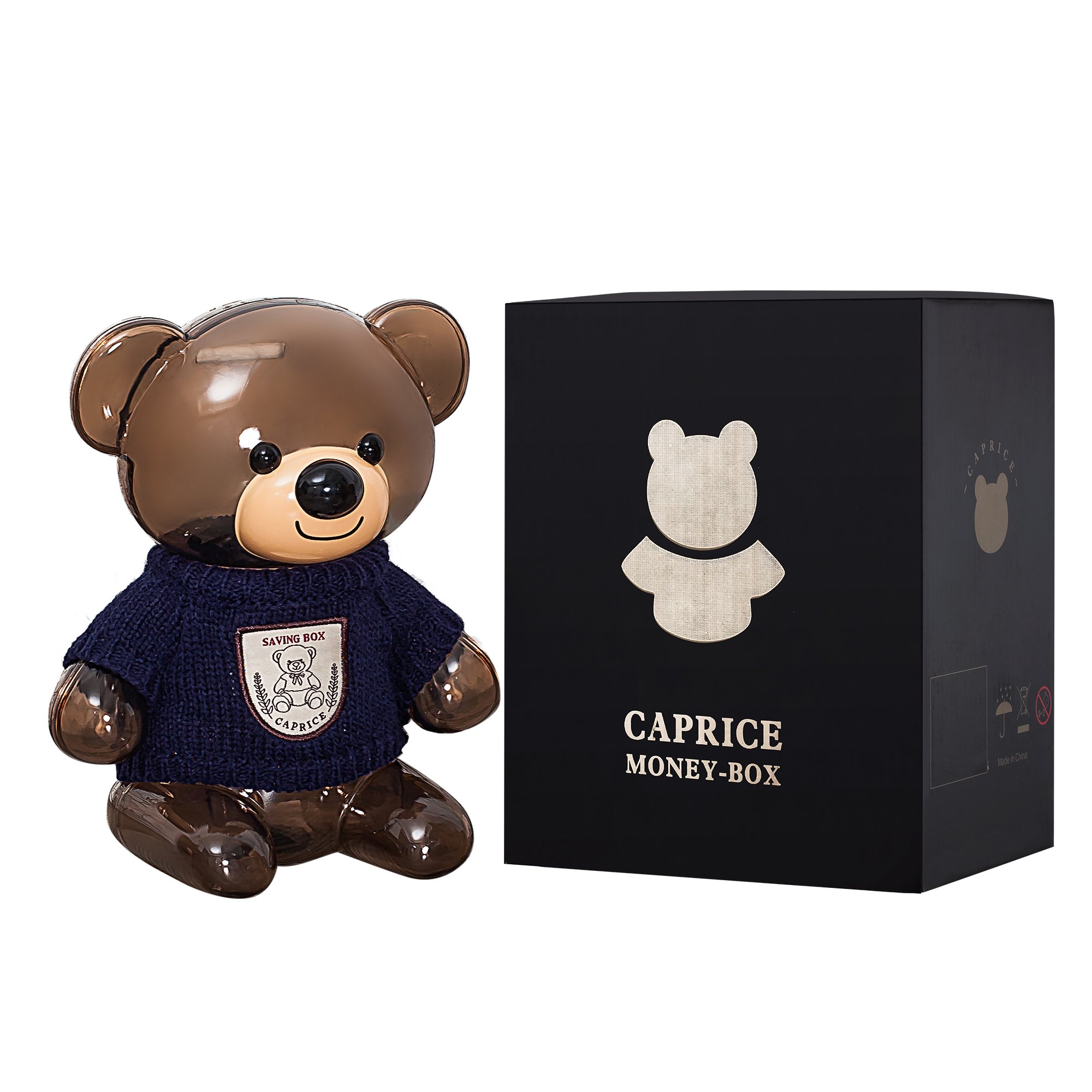 Msicyness Classic Bear Piggy Bank - Cute Cartoon Saving Box for Kids Mini ATM with Knit Clothes Decor Coin Toy Banks Save Pot Money Boxes（Transparent）