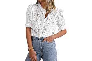 PRETTYGARDEN Womens 2026 Spring Lace Tops Short Puff Sleeve Casual Dressy Blouses Eyelet Crew Neck Button Down Shirts