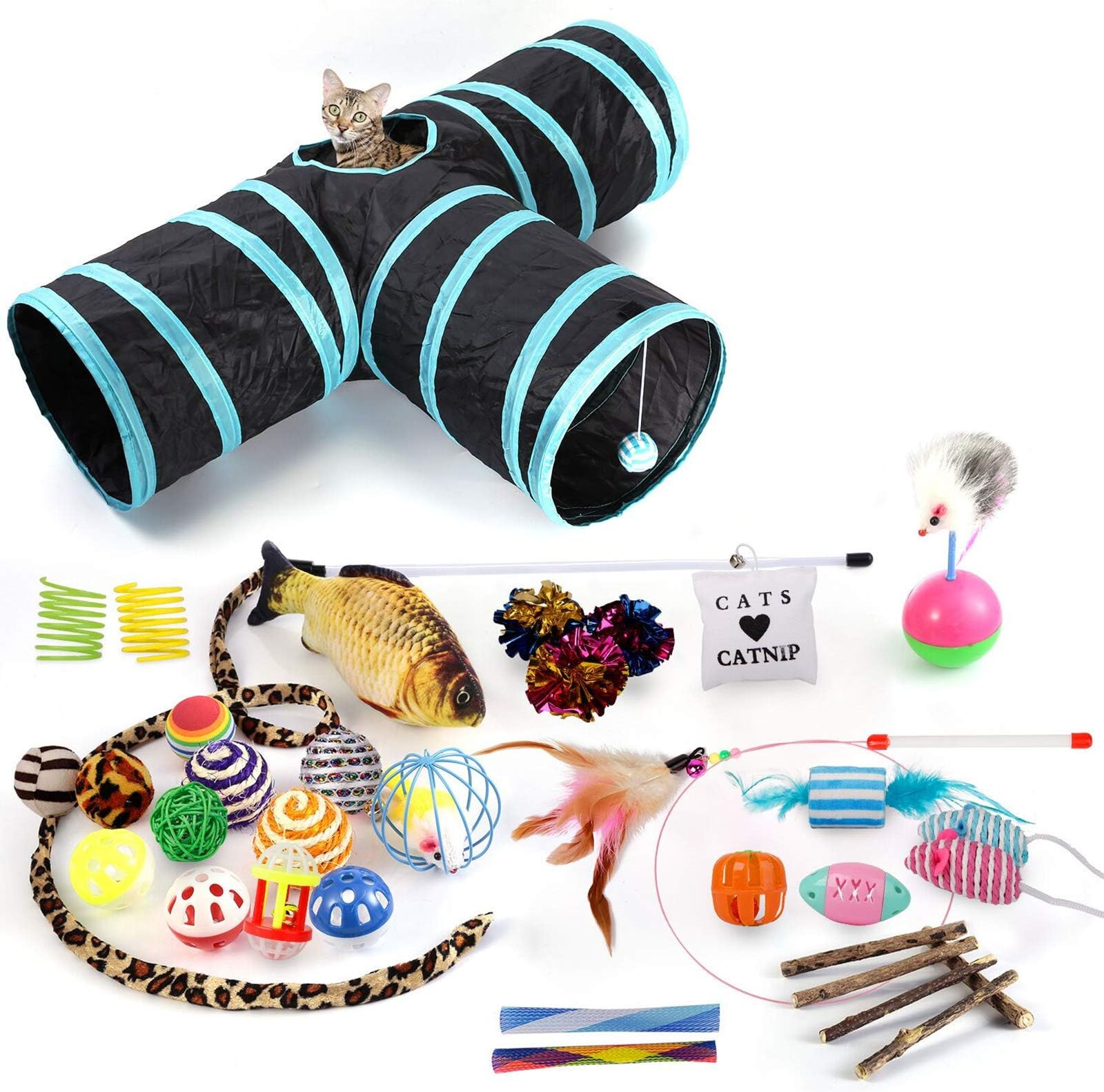 WERTYCITY 35pcs Cat Toys Kitten Toys Assortments, 3 Way Tunnel, Catnip Fish, Feather Teaser, Interactive Cat Feather Wand, Mice Balls and Bells Toys for Cat, Puppy, Kitty