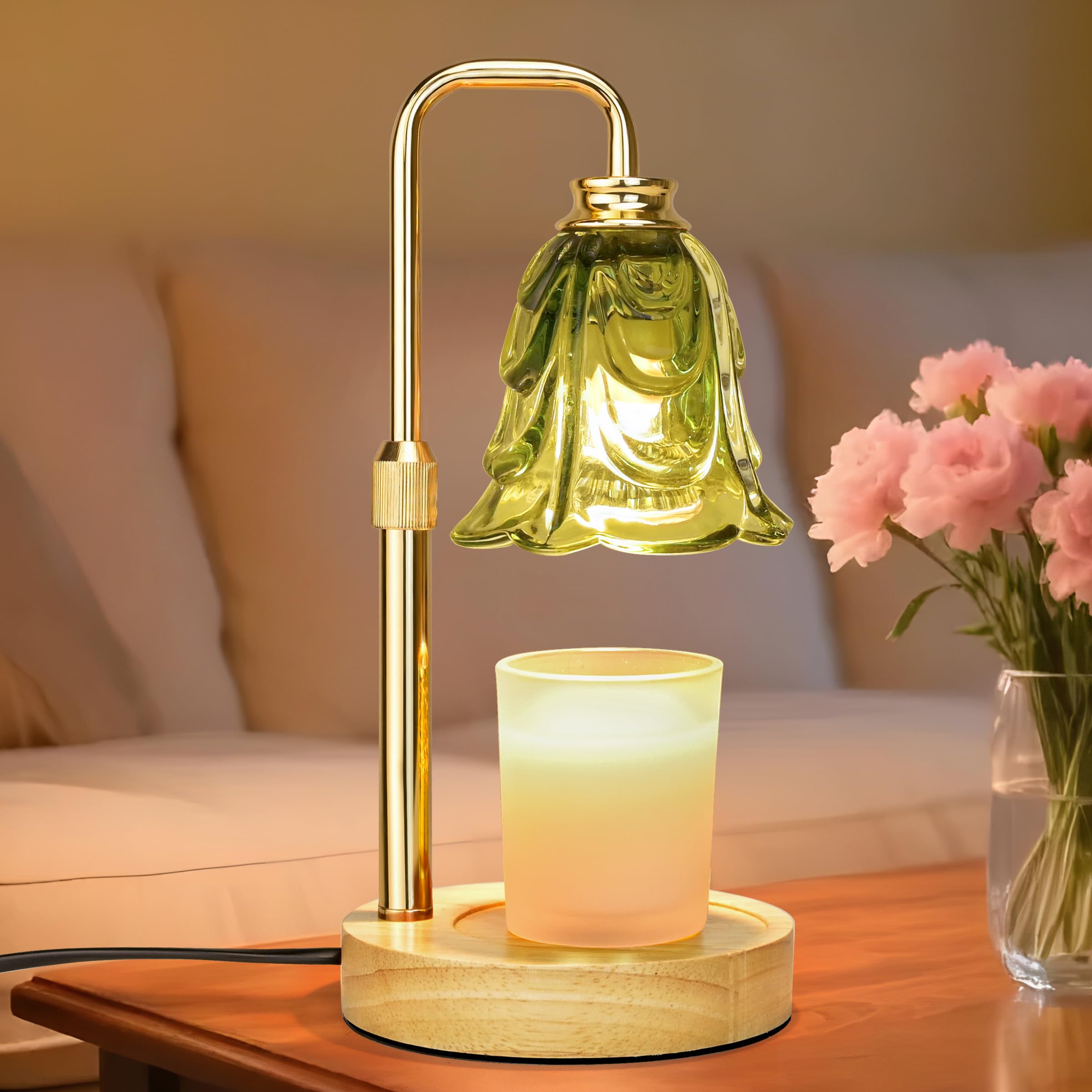 Candle Warmer Lamp with Timer Dimmer, Adjustable Height Green Tulip Candle Wax Warmer, Christmas Birthday Gift for Mom Women, House Warming Gifts for New Home Bedroom Decor,Flower Green