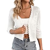 Kate Kasin Women's Cropped Cardigan Sweaters Trendy Lightweight 3/4 Sleeve Button Down Crochet Textured Shrugs Top