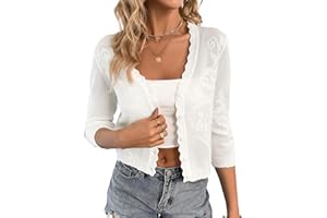 Kate Kasin Women's 2025 Cropped Cardigan Sweaters Trendy Lightweight 3/4 Sleeve Button Down Crochet Textured Shrugs Top