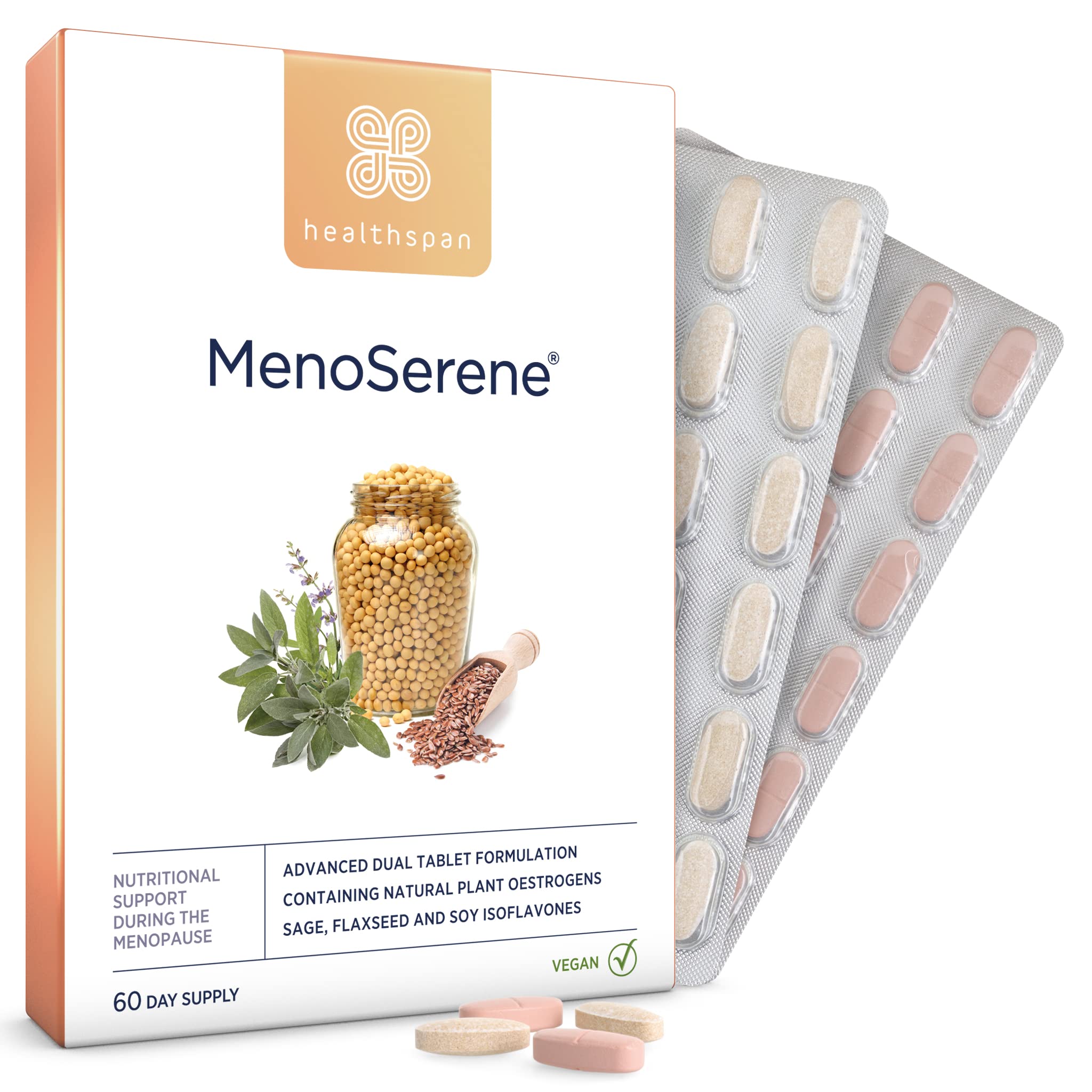 Healthspan MenoSerene | Menopause Support | Women's Health | Vitamin D3 for Normal Bone Health | Vitamin B6 for The Reduction of Tiredness & Fatigue | Vegan (60 Day Supply)