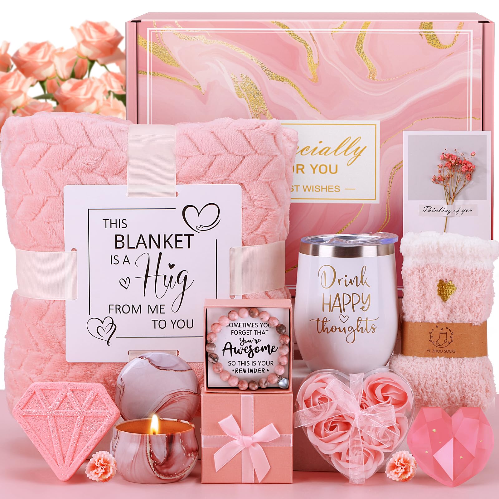 Mothers Day Birthday Gifts for Women Self Care Get Well Soon Gift Baskets, Pink Relaxing Spa Gift Set Care Package with Blanket, Unique Mother's Day Gifts for Mom Wife Grandma Daughter Sister Image