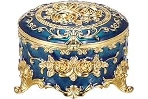 Hipiwe Vintage Jewelry Box Metal Keepsake Box Round Treasure Storage Case for Ring Earrings Necklace Holder Wedding Birthday Gift for Woman, Blue, 5.7" L x 5.1" W x 3.5" H