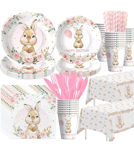 Easter Party Tableware Set For 20 Guests - Plates, Cups, Napkins, Tablecloth & Banner - Bunny Birthday Decor