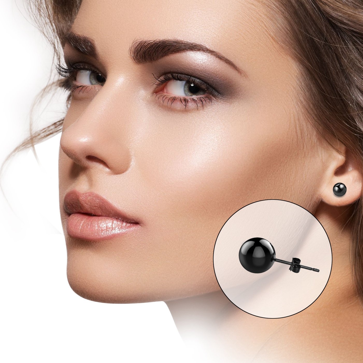 UHIBROS 316L Surgical Stainless Steel Round Ball Studs Earrings 5 Pair Set Assorted Sizes (Black)