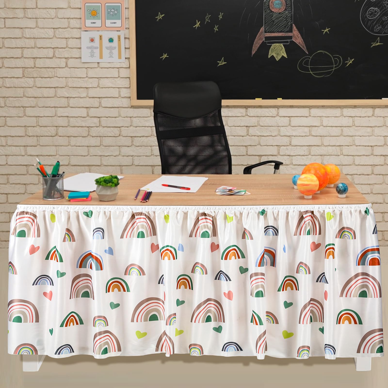 Photo 1 of Windkream 29 in x 9 ft Rainbow Table Skirt for Teacher Desk Rectangular Tablecloth Skirt Colorful Boho Desk Skirts for Teacher Classroom Decorations School Themed Party Supplies