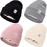 FEQO 4 Pack Satin Lined Beanie Hats Soft Silk Lined Beanies Knit Warm Cuffed Hats for Women Men