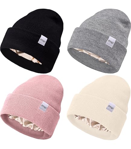 6 Pack Satin Lined Beanies Slouchy Knit Hats Cuffed Skull Cap for Women Men Silicherry 6 Pack Satin Lined Beanies for Women Knitted  main image 2