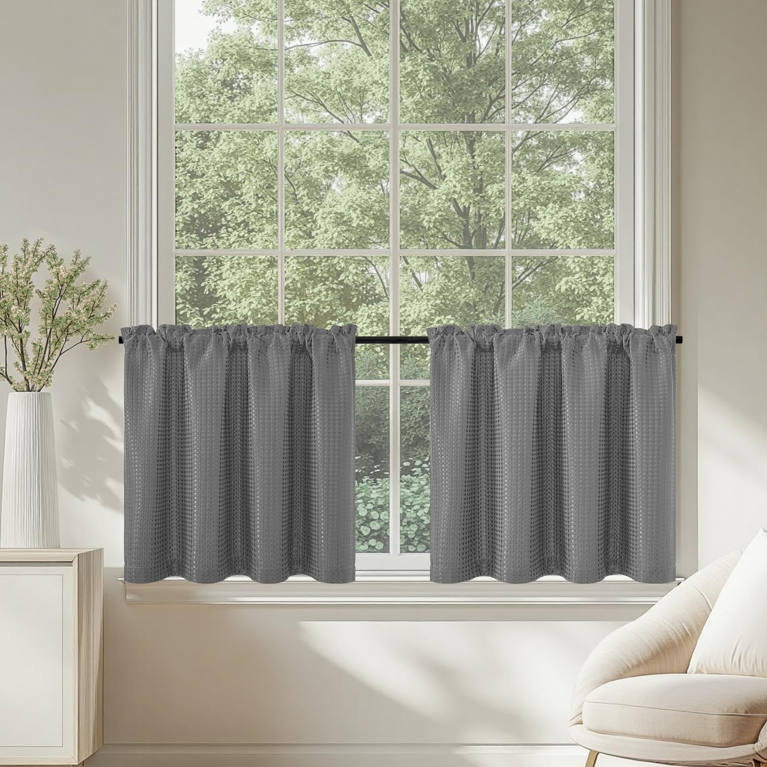 TOPICK Grey Kitchen Curtains 24 Inch Drop Small Cafe Curtains Waffle Weave Textured Curtain Tiers for Bathroom Sink Laundry Half Window Rod Pocket 2 Panels