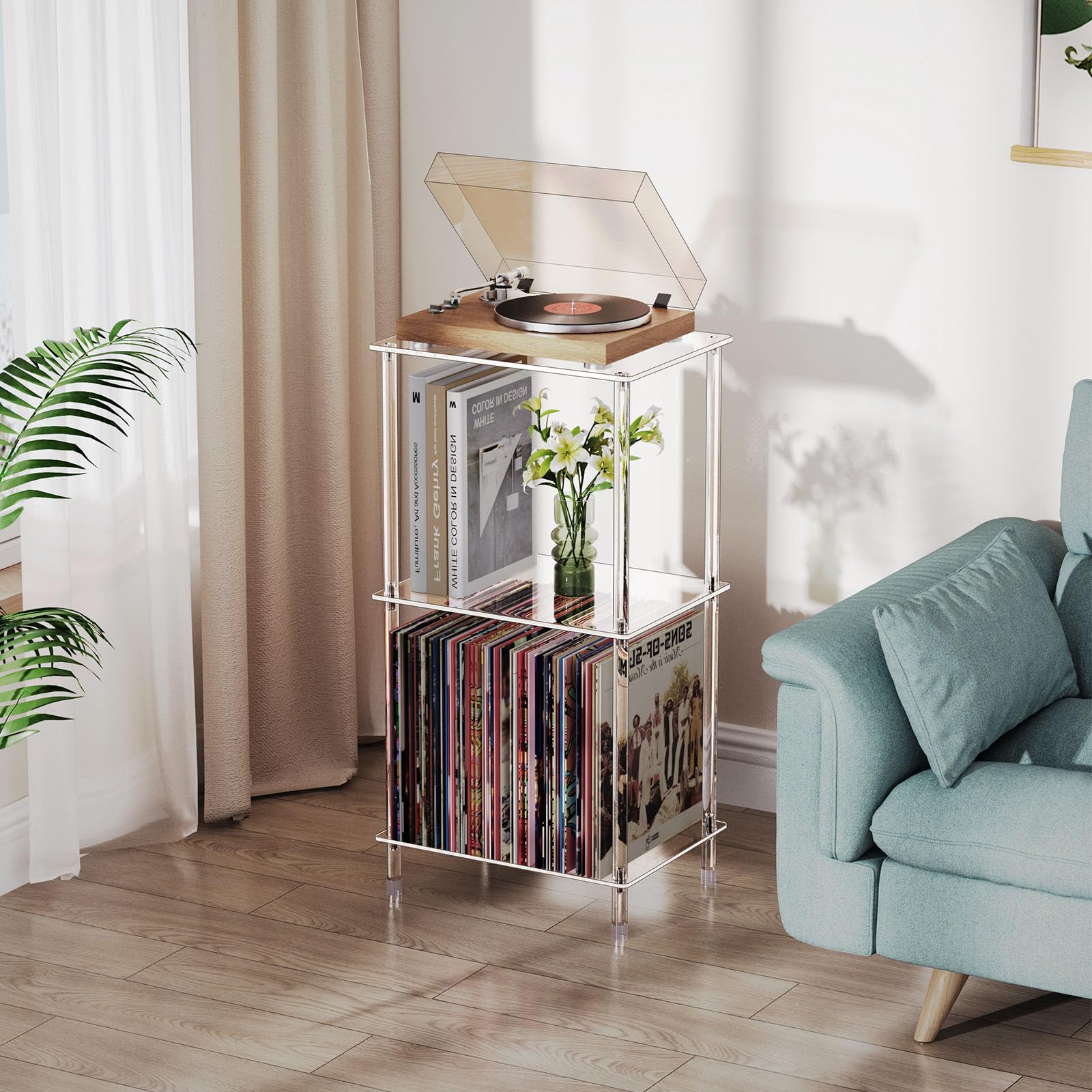 Photo 1 of Bkemiy Acrylic Record Player Stand, 3-Tier Clear Turntable Table with Vinyl Record Storage, 15.74" L x 11.81" W x 30.7" H, Tall Modern Side Table/End Table for Living Room, Bedroom JJ00041