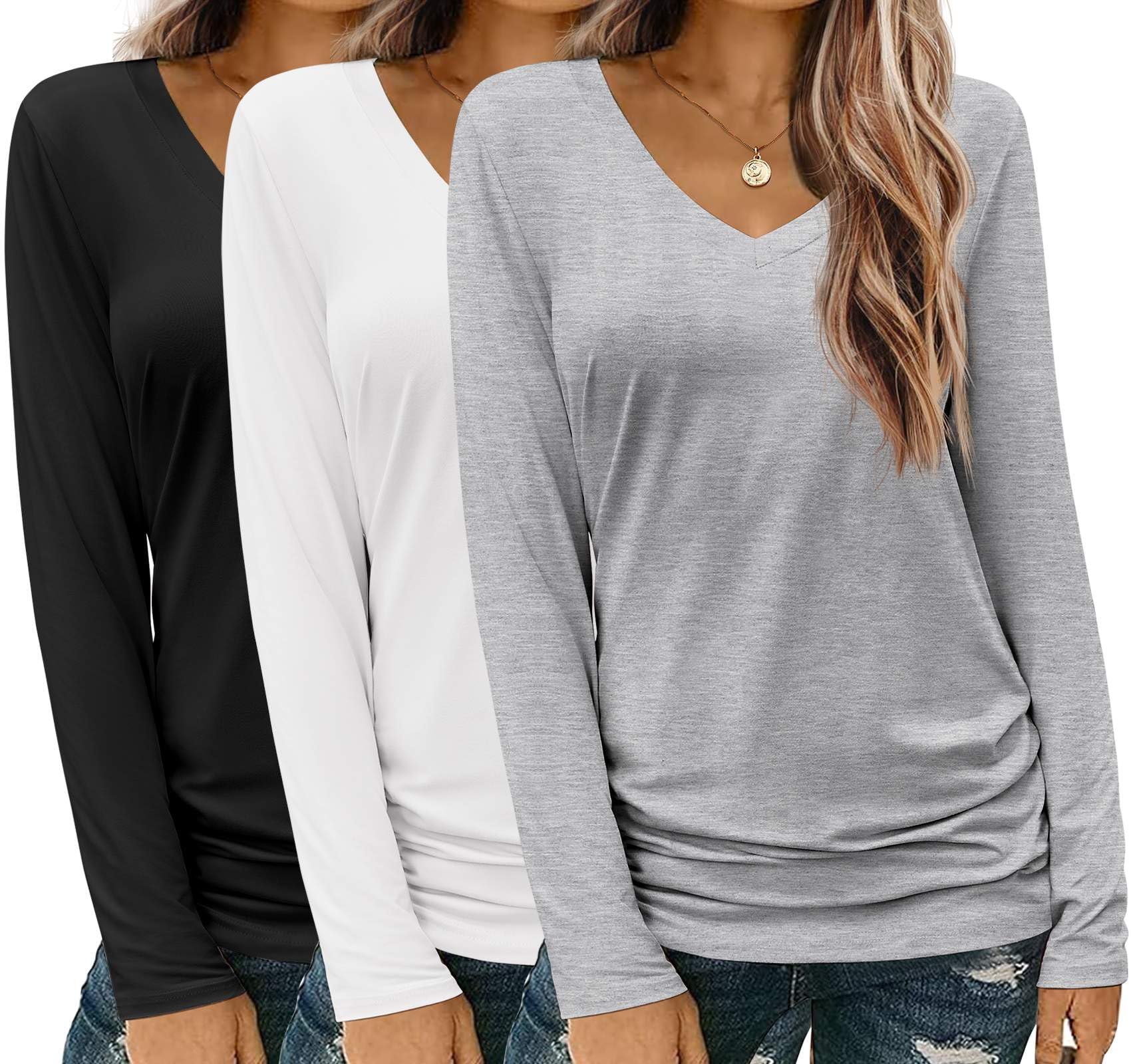 Zeagoo 3 Pack Womens T Shirts V Neck Long Sleeve Shirt Casual Tops Soft Solid Basic Tee Fall Outfits S-XXL Black, White, Grey Image