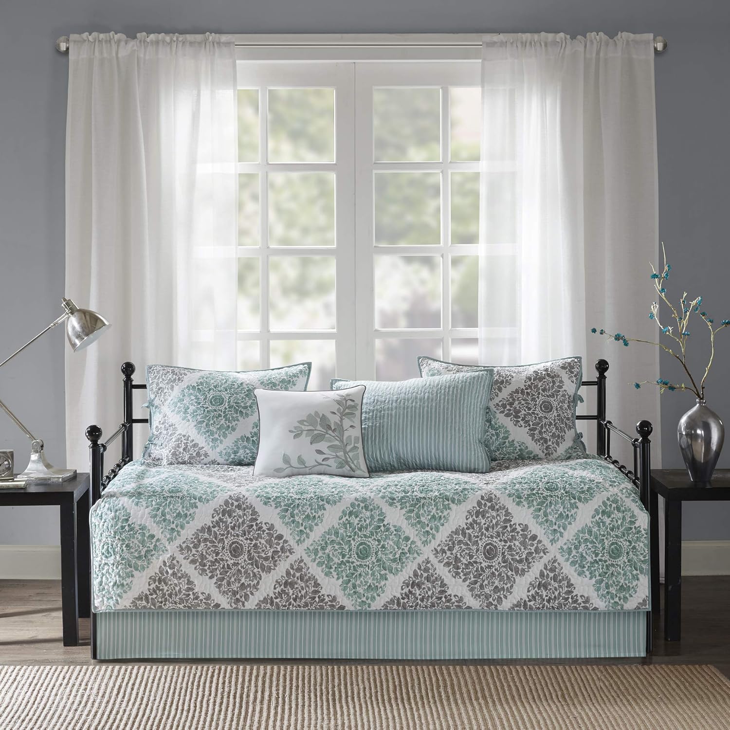 Madison Park Claire Daybed Size Quilt Bedding Set Aqua, Grey, Leaf