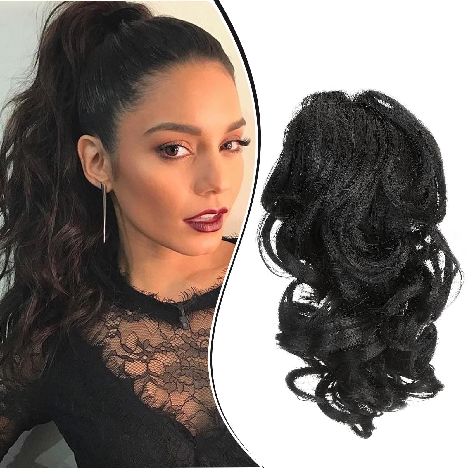 Dcbaboo Short Ponytail Extension Curly 12inch Claw Clip in Ponytail Hair Extensions Long Wavy Synthetic Pony tails Natural Wave One Piece Hairpiece Fake Ponytail for Women, Black