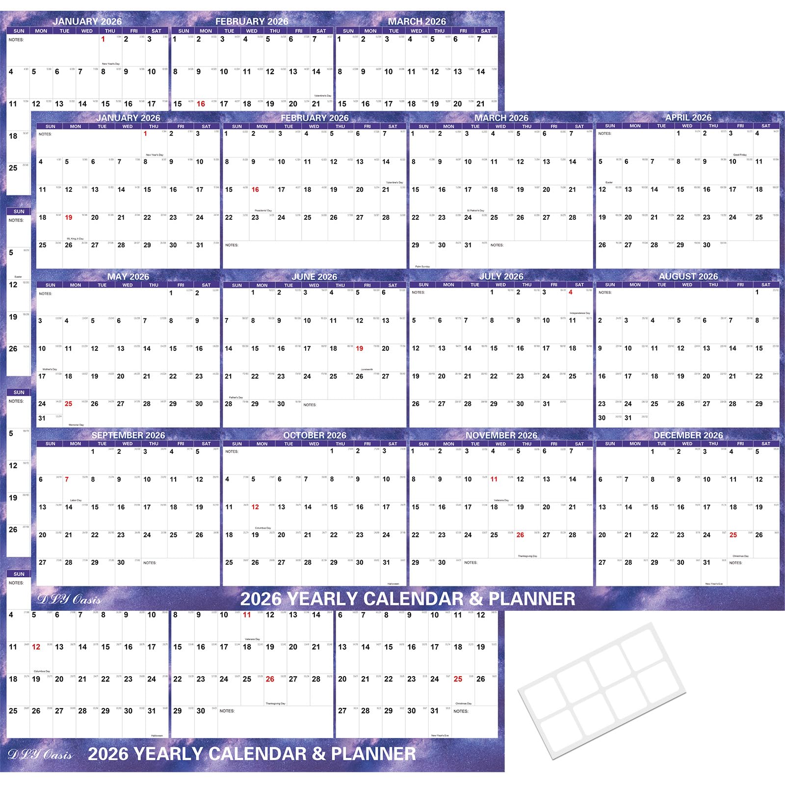 View 1 of 24" x 36" 2026 Wall Calendar Dry Erase - Folded Large Starry Sky Wall Calendar 2026, Wet & Dry Erasable, Laminated 12-Month Annual Yearly Planner, Reversible, Horizontal/Vertical, Purple