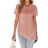 Famulily Womens Casual Summer Round Neck Short Sleeve Tunic Tops Side Slit Patchwork Asymmetrical Hem T Shirts