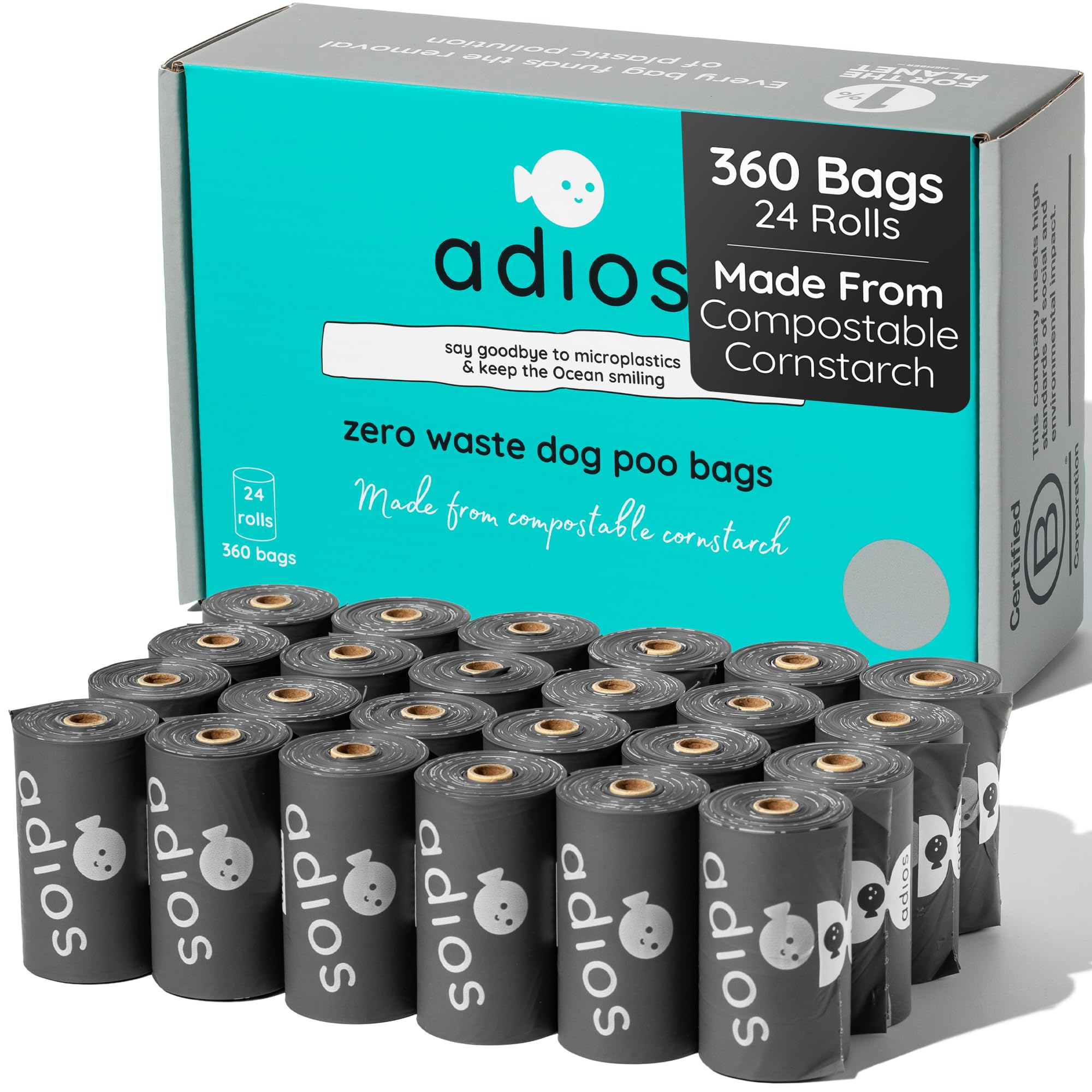 Adios Plastic - Compostable Dog Poo Bags, 360 Count (24 Rolls) - Leak‑Resistant, Extra Thick, Odour Proof Dog Waste Bags – Made from Highest Rated EN13432 Certified Cornstarch - Slate Grey