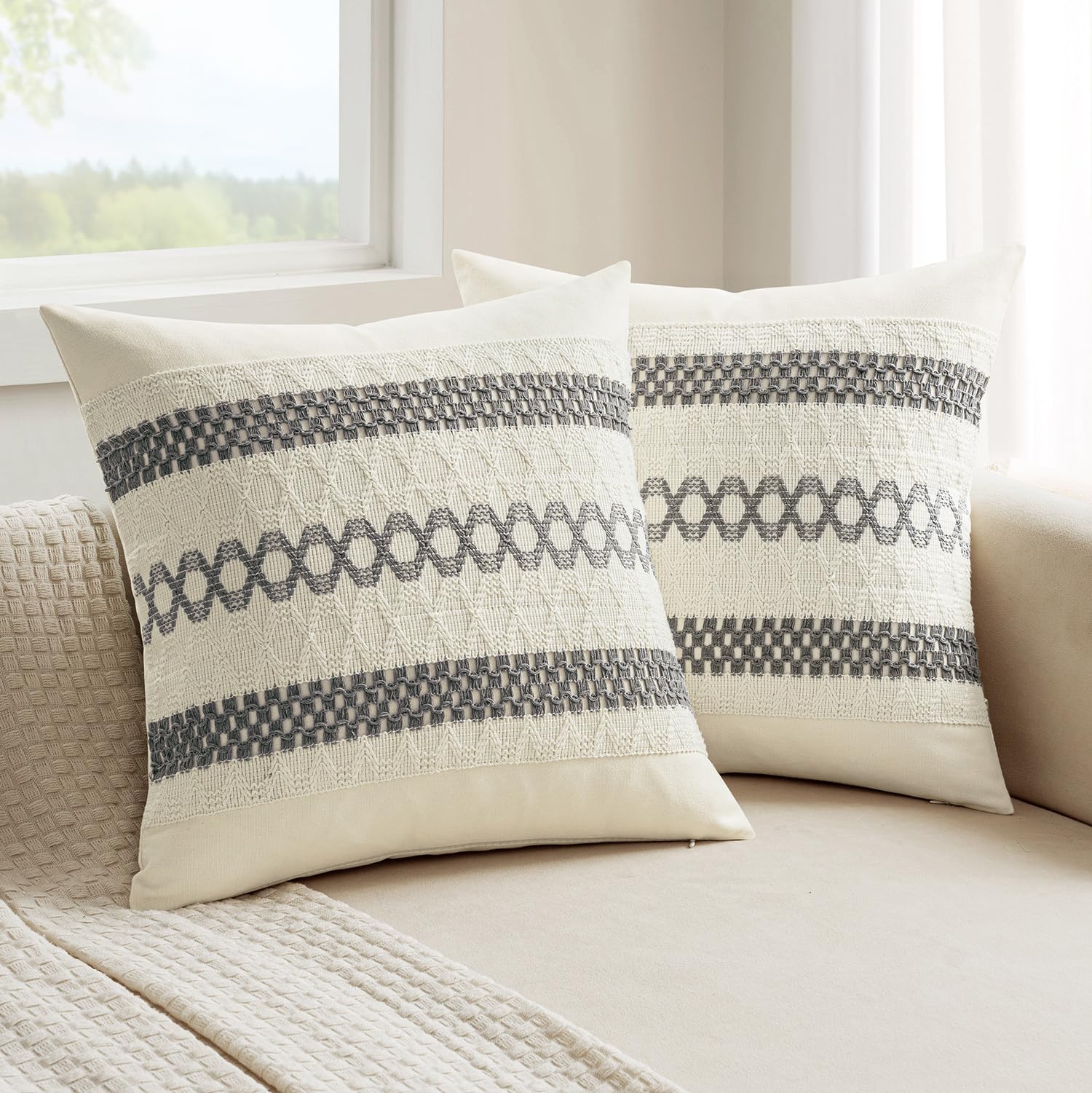 Photo 1 of MIULEE Set of 2 Gray Boho Decorative Pillow Covers 18x18 Inch Farmhouse Rustic Couch Throw Pillows Modern Spring Cotton Cushion Covers Retro Cute Macrame Woven Home Decor for Bed Sofa Chair
