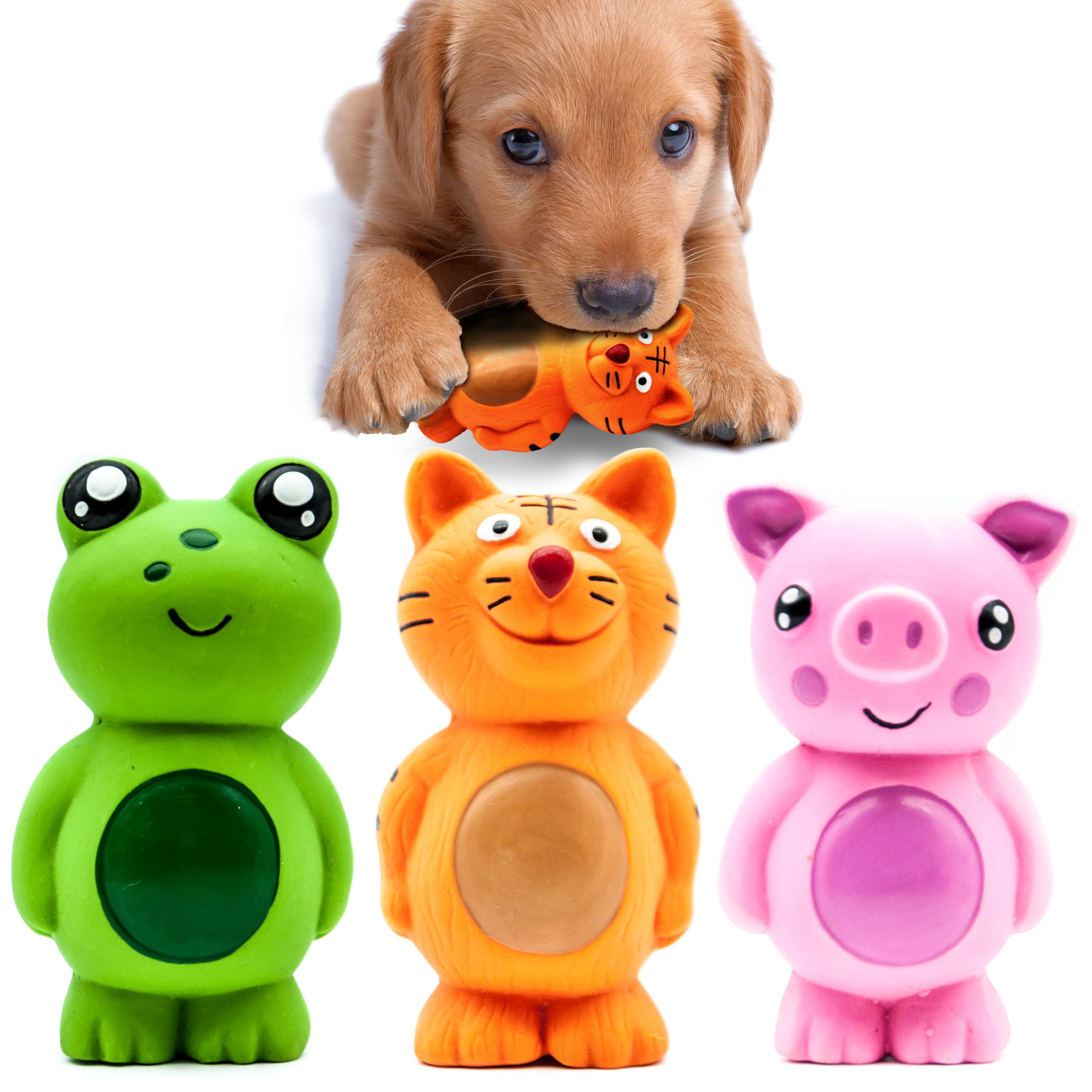 Petopedia 3x 10cm PUPPY Toys Dogs Squeaky – FROG TIGER PIG – LATEX Chew Toy Squeak – Dog Gifts & Presents, Teething, Interactive, Boredom Pet toys (Animals (Pack of 3))