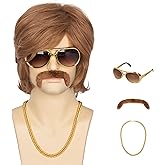 Miss U Hair Men's Brown 70s Party Wigs Mullet Halloween Wig with 70s Accessories Necklace Glasses Mustache