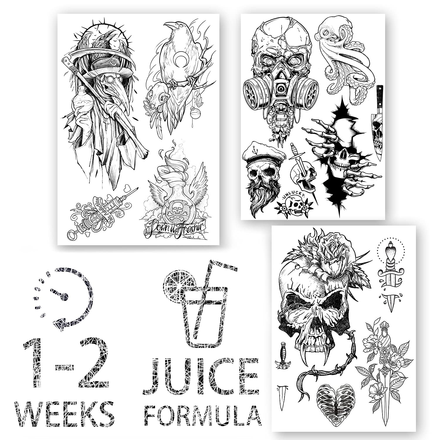 AWAKEN Tattos Semi-permanent Stickers Temporary Juice Tattoo Pack 3 sheets Design Skull Man Style Vegetable based (SET 4)
