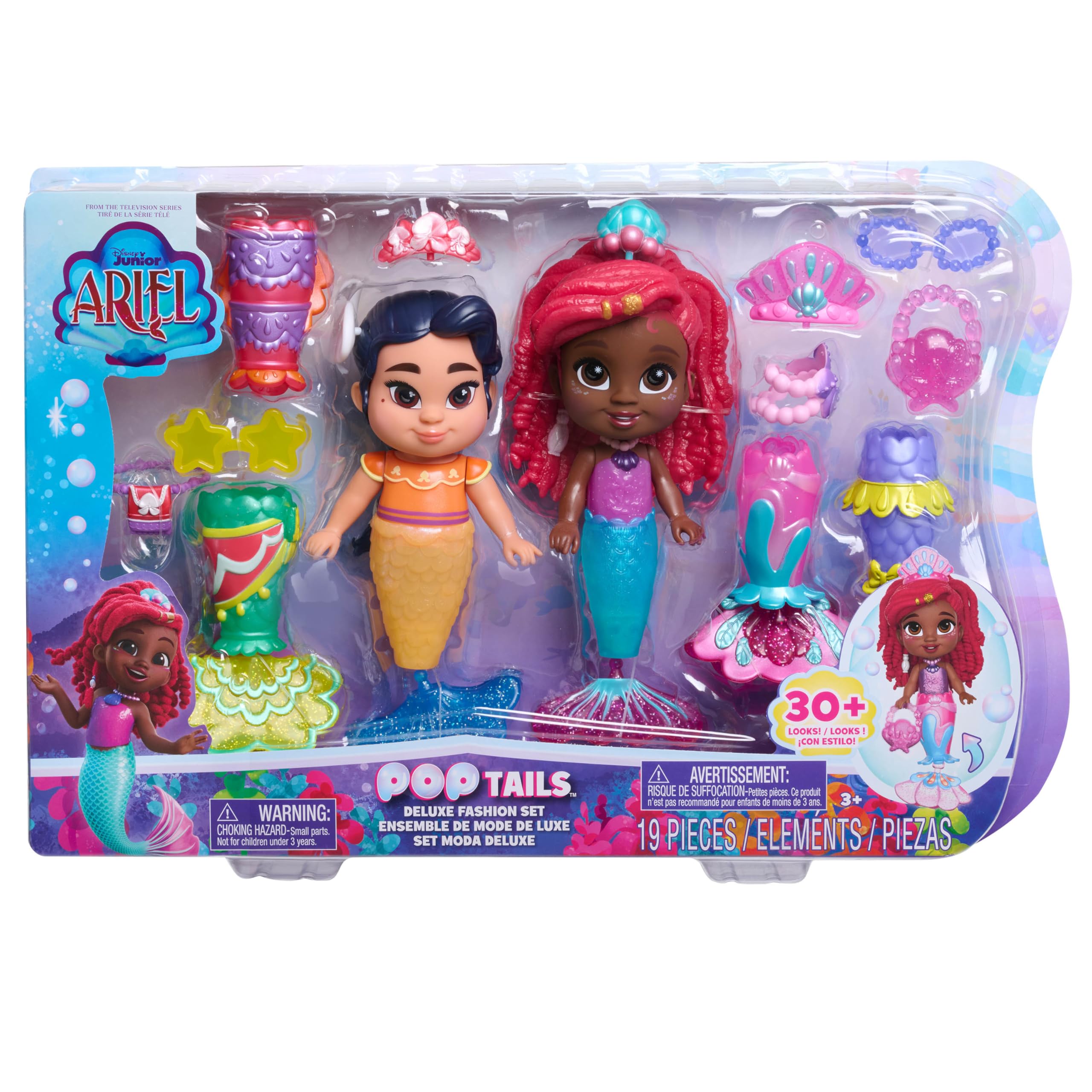 Just Play Disney Junior Ariel Pop Tails Deluxe 7.5-inch Doll and Accessories Set, 19-Pieces, Kids Toys for Ages 3 Up