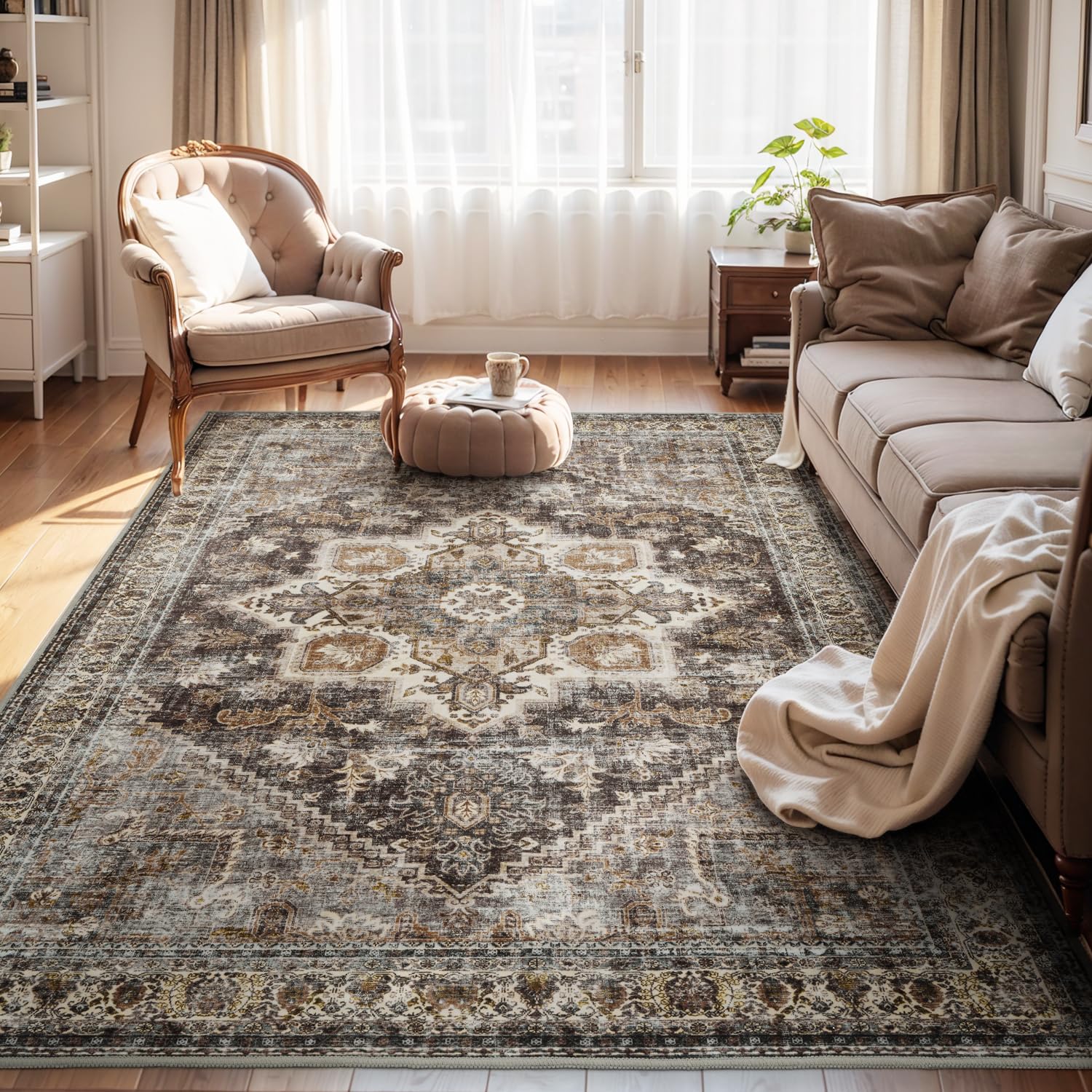 Photo 1 of Brown Rugs for Living Room 8x10 Area Rug Soft Living Room Carpet-Rugs for Bedroom Machine Washable Rug Vintage Oriental Floral Dining Room Rug Non Slip
