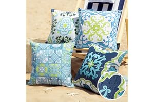 Phantoscope Set of 4 Outdoor Waterproof Throw Pillow Covers,Geometric, Decorative Boho Farmhouse Outdoor Pillows Cushion Case for Home Patio Furnitures Tent Sunbrella, Blue and Green 18x18 Inches