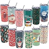 12 Set 20oz Christmas Tumblers Bulk with Lids Straws, Stainless Steel Insulated Coffee Travel Mug Cups, Holiday Tumbler Set for Hot,Cold Drinks, Xmas Party Favors, Birthday Holiday Gift(Chic)
