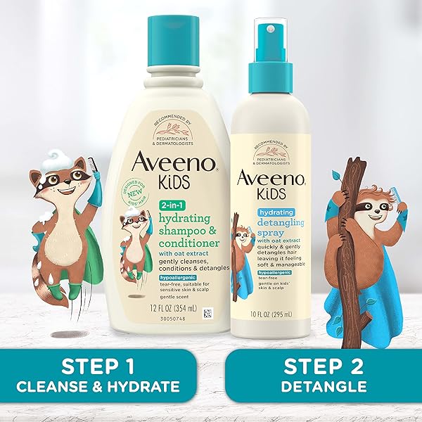 AVEENO KIDS 2-IN-1 HYDRATING SHAMPOO & CONDITIONER, GENTLY CLEANSES, CONDITIONS & DETANGLES KIDS HAIR, FORMULATED WITH OAT EXTRACT, FOR SENSITIVE SKIN & SCALP, HYPOALLERGENIC, 12 FL. OZ