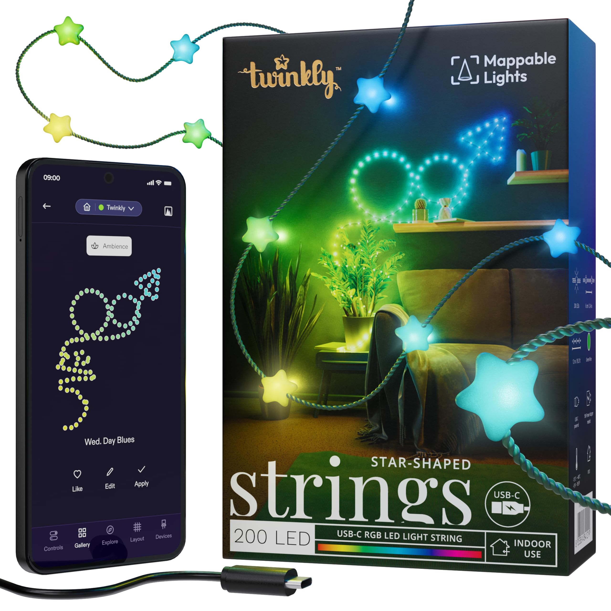 Twinkly Strings USB-C Star 200 LED, Star-shaped LED Light String, Christmas Lights, RGB Multicolor LED Lights, Mappable LEDs, Compatible with Alexa, Google Home, USB-C Power, Green Wire, 12m — image 1