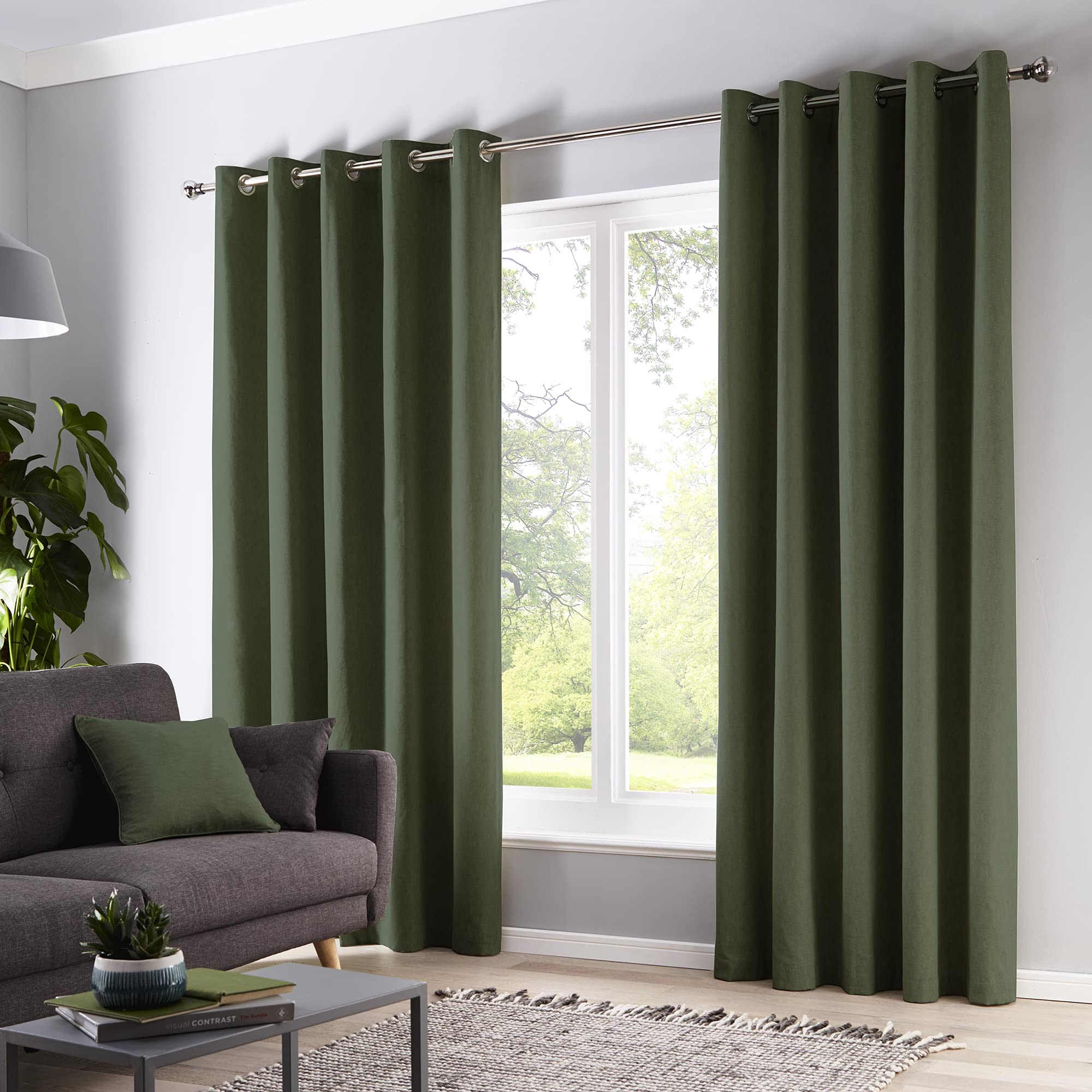 Fusion Olive Green Eyelet Curtains – W46 x L54 (117x137cm) – 2 Panels – 100% Cotton – Thermal Insulated Drapes – Sorbonne Collection – Door or Bedroom Curtains – Plain Green Fabric Design — image 1