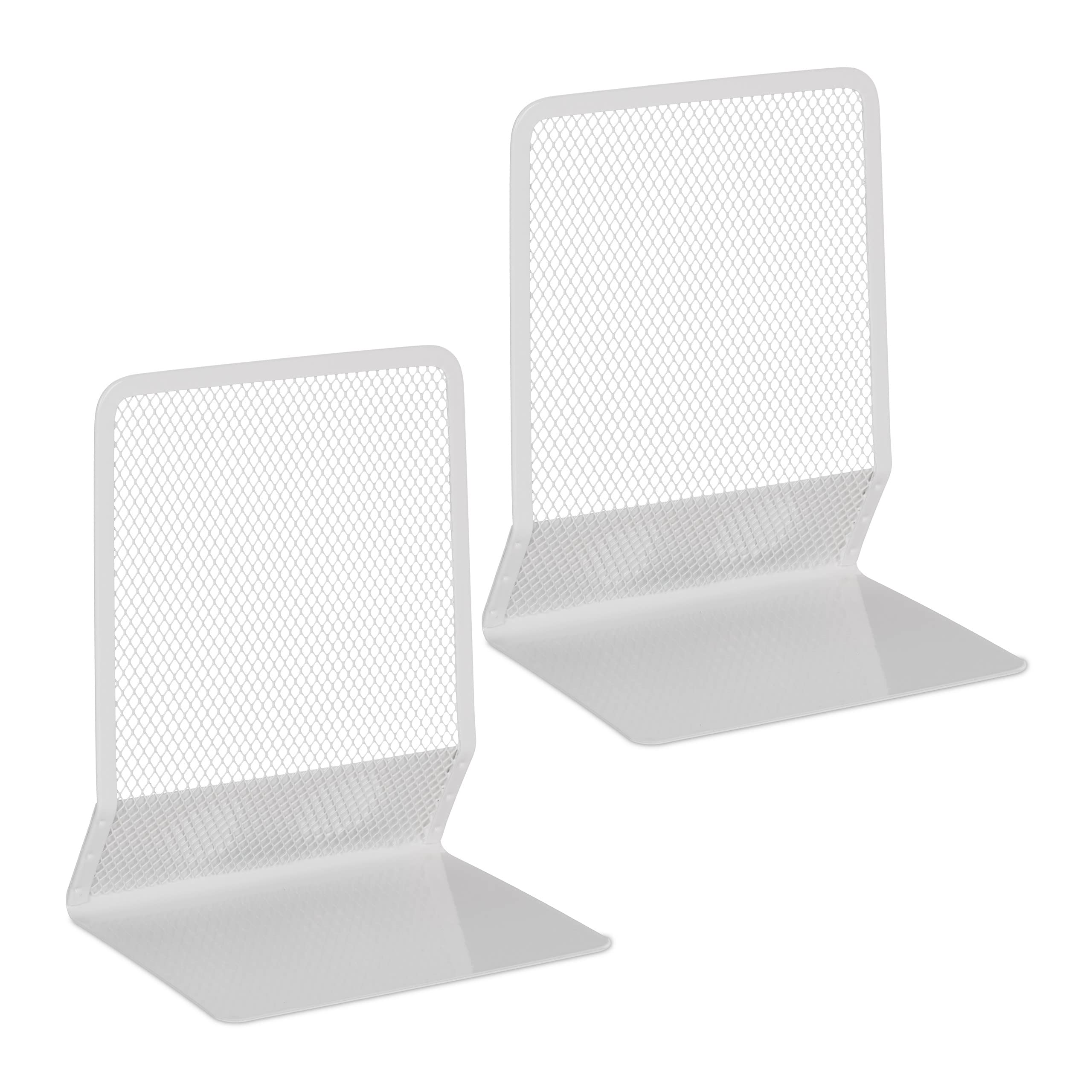 Relaxdays Set of 2 Bookends, Modern Mesh Design, for Books and Folders, Dividers, 17 x 13.5 x 10.5 cm, Metal, White, Steel